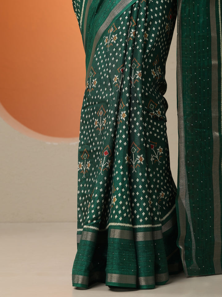 Green Printed Silk Blend Saree With Unstitched Blouse Piece