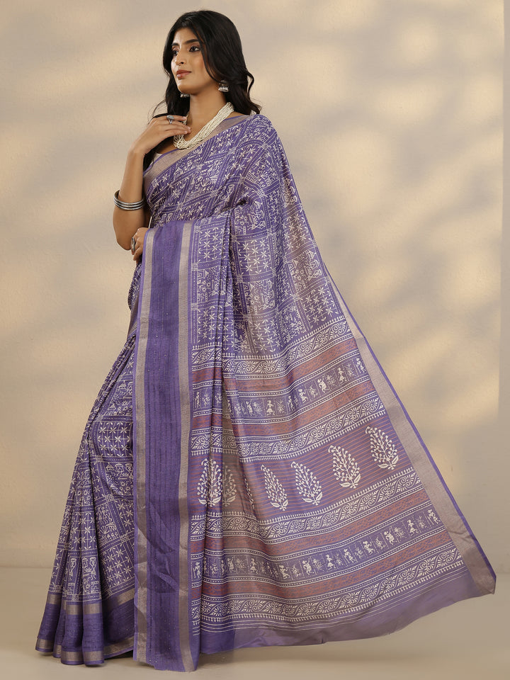 Purple Printed Silk Blend Saree With Unstitched Blouse Piece