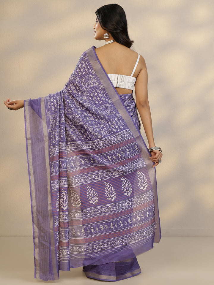 Purple Printed Silk Blend Saree With Unstitched Blouse Piece