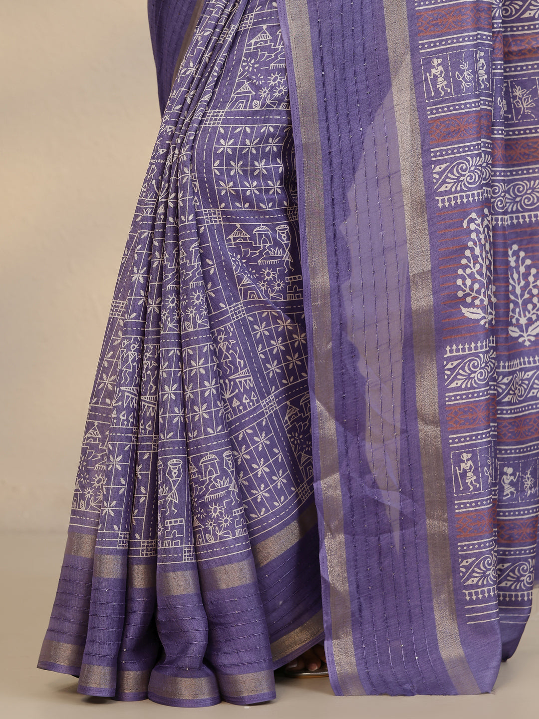 Purple Printed Silk Blend Saree With Unstitched Blouse Piece
