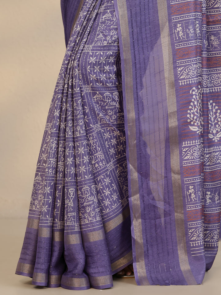 Purple Printed Silk Blend Saree With Unstitched Blouse Piece