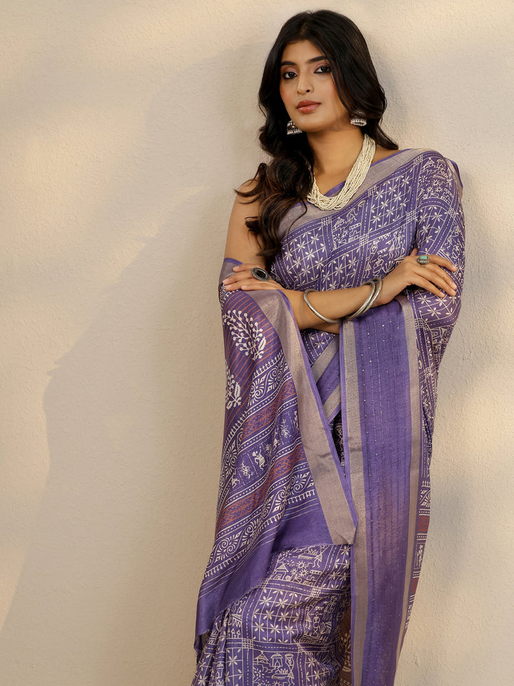 Purple Printed Silk Blend Saree With Unstitched Blouse Piece