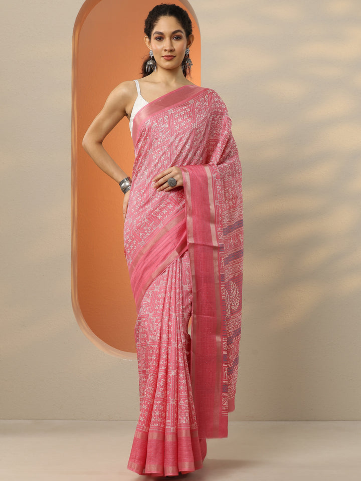 Pink Printed Silk Blend Saree With Unstitched Blouse Piece