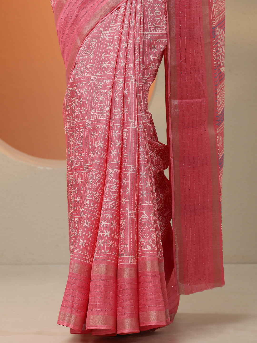 Pink Printed Silk Blend Saree With Unstitched Blouse Piece
