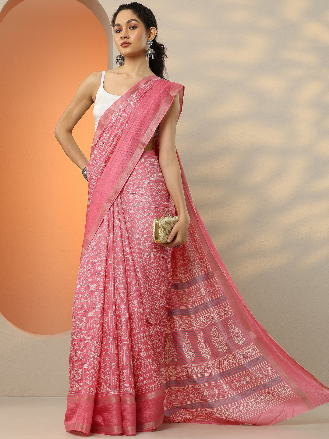Pink Printed Silk Blend Saree With Unstitched Blouse Piece