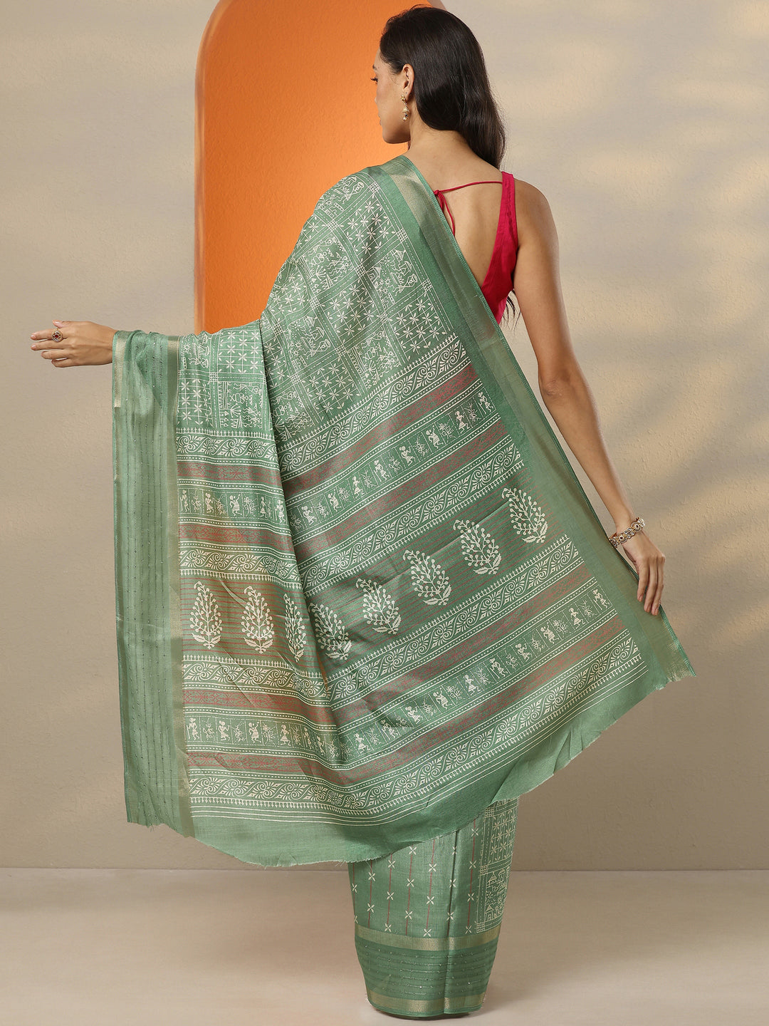 Green Printed Silk Blend Saree With Unstitched Blouse Piece