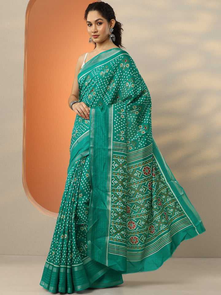 Green Printed Silk Blend Saree With Unstitched Blouse Piece