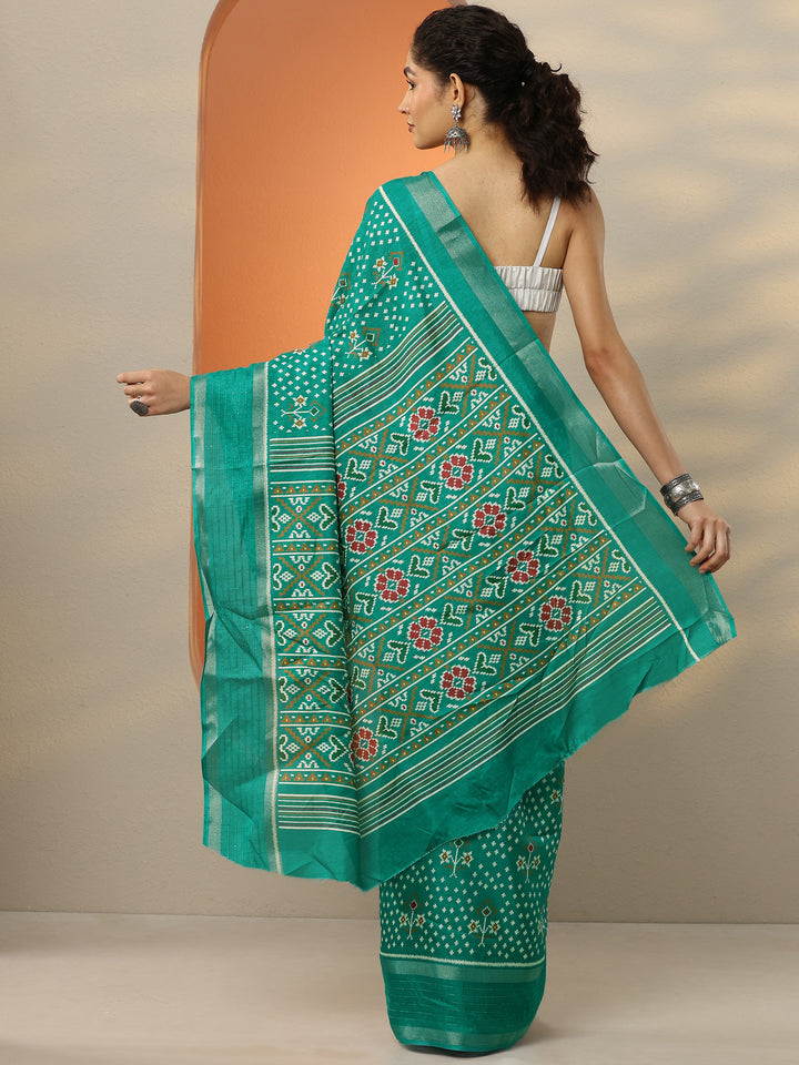 Green Printed Silk Blend Saree With Unstitched Blouse Piece
