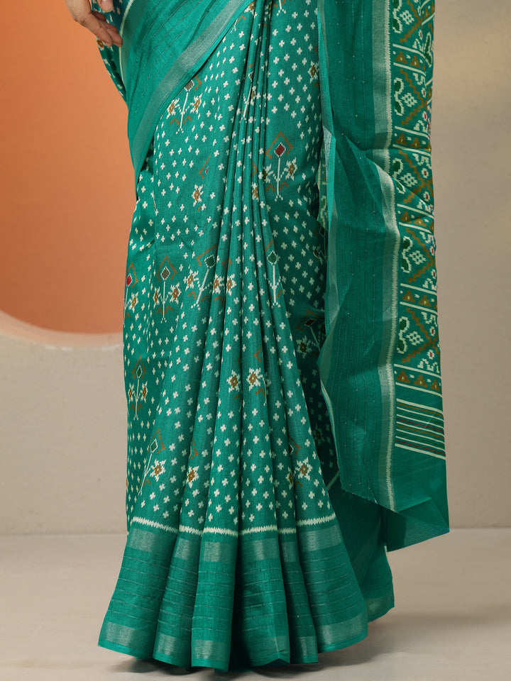 Green Printed Silk Blend Saree With Unstitched Blouse Piece