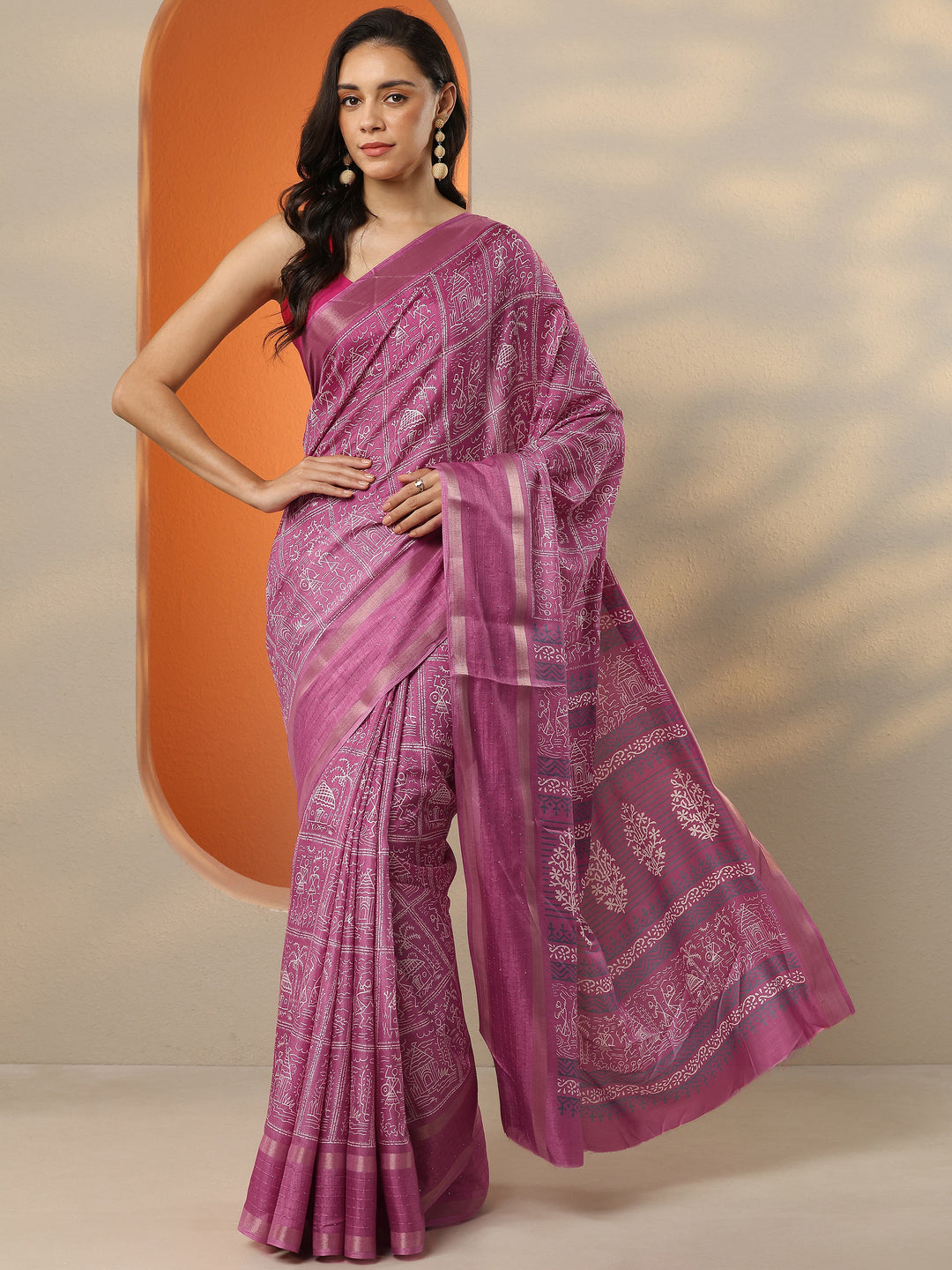 Pink Printed Silk Blend Saree With Unstitched Blouse Picece