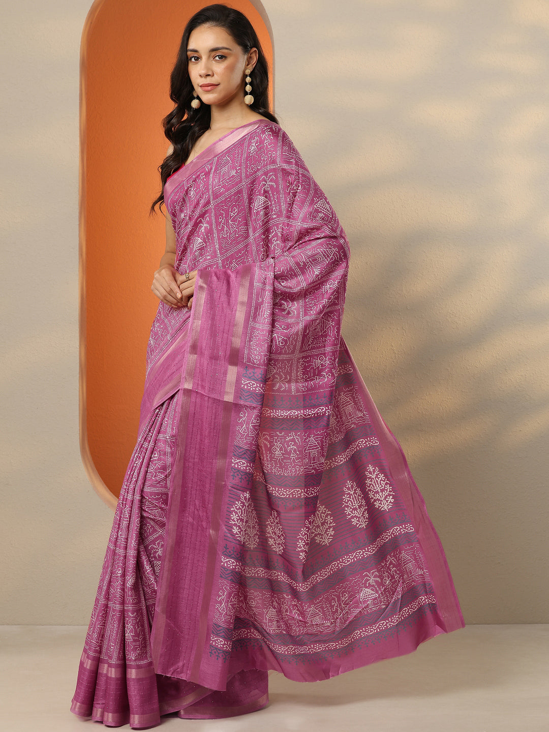 Pink Printed Silk Blend Saree With Unstitched Blouse Picece