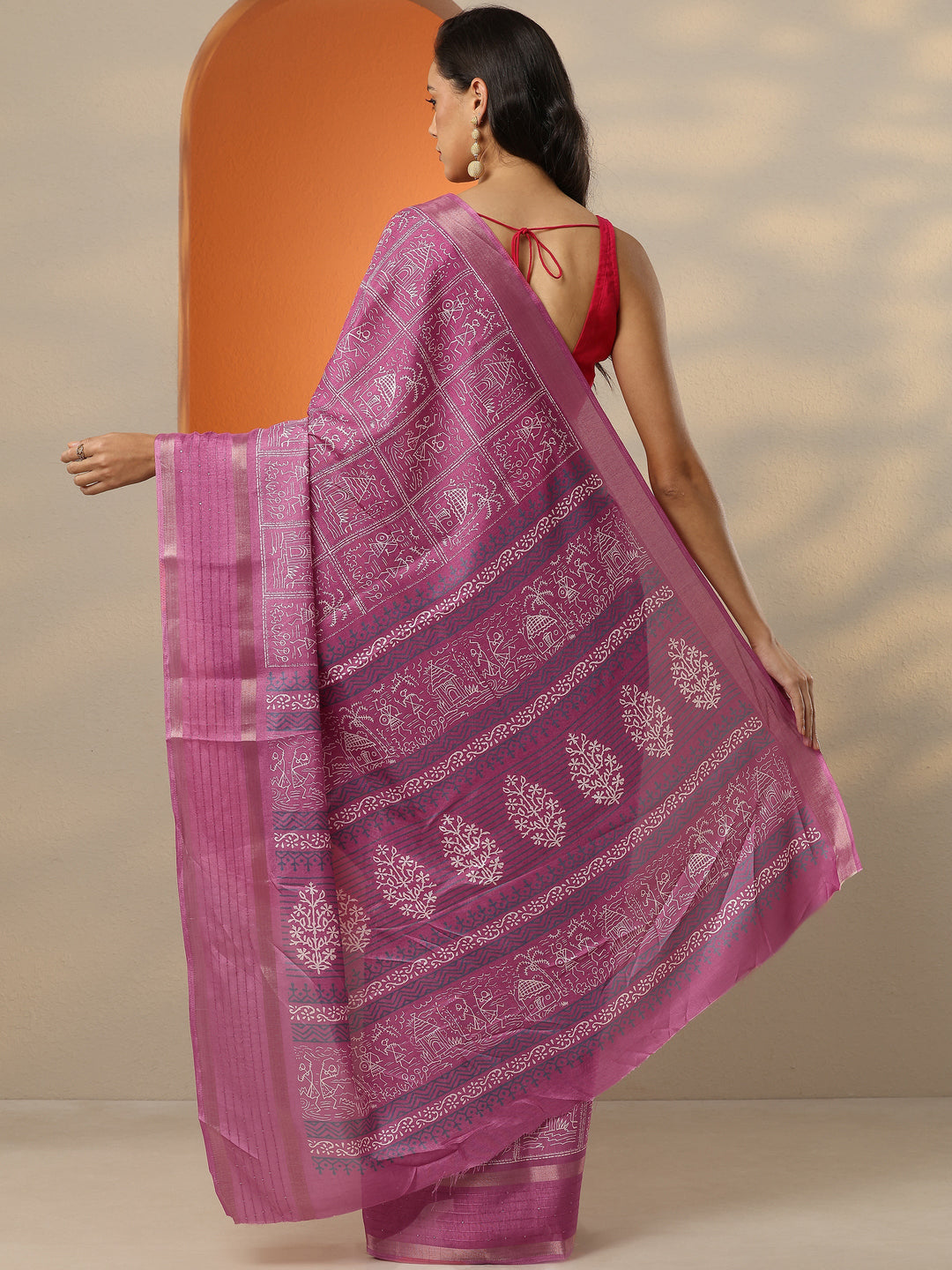 Pink Printed Silk Blend Saree With Unstitched Blouse Picece