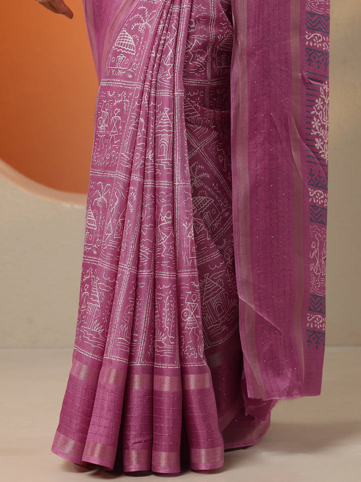 Pink Printed Silk Blend Saree With Unstitched Blouse Picece