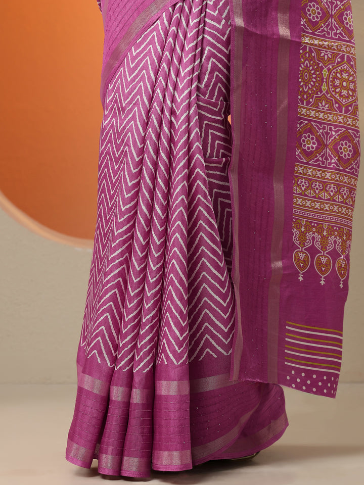 Pink Leheriya Printed Silk Blend Saree With Unstitched Blouse Piece