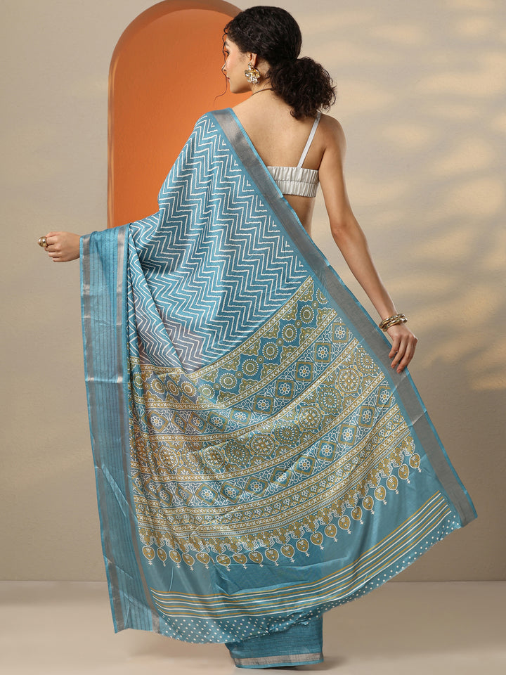 Blue Leheriya Printed Silk Blend Saree With Unstitched Blouse Piece