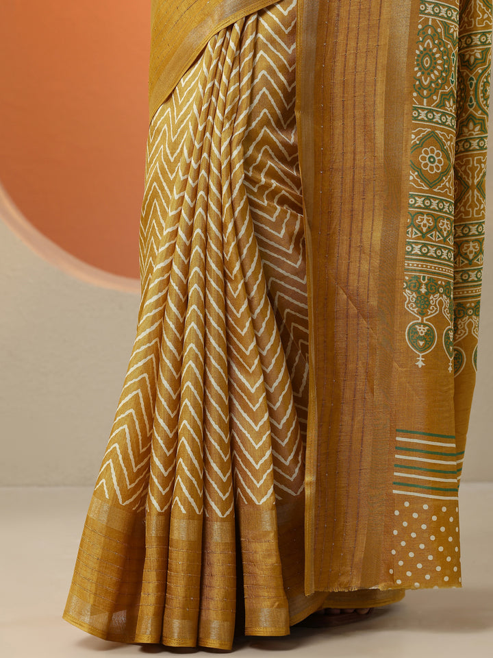 Mustard Leheriya Printed Silk Blend Saree With Unstitched Blouse Piece