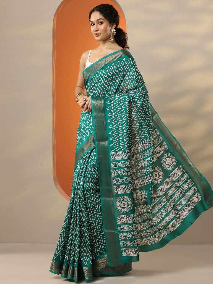 Green Leheriya Printed Silk Blend Saree With Unstitched Blouse Piece
