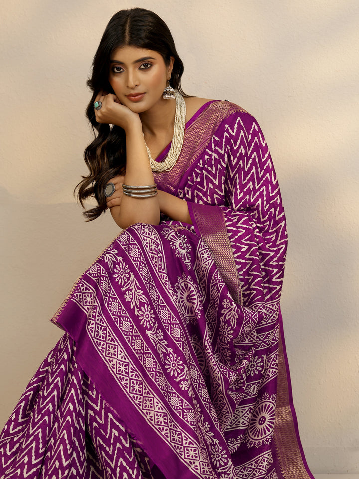 Burgundy Printed Silk Blend Saree With Unstitched Blouse Piece