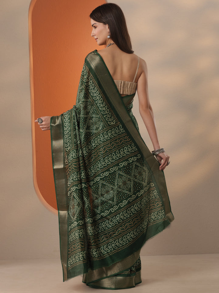 Green Bandhani Printed Silk Blend Saree With Unstitched Blouse Piece