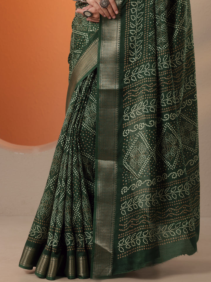 Green Bandhani Printed Silk Blend Saree With Unstitched Blouse Piece