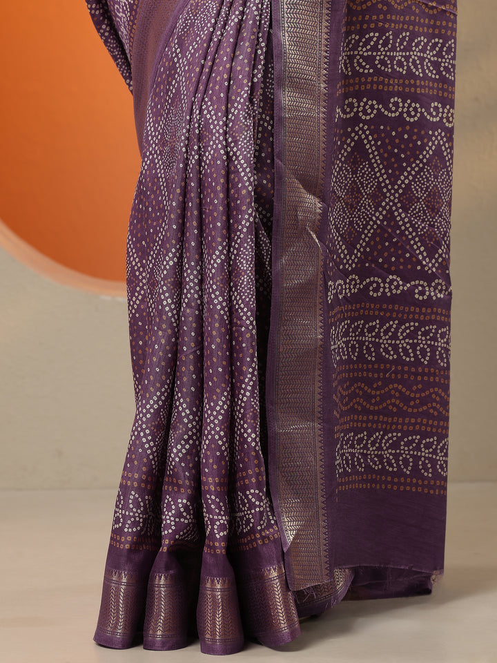 Purple Bandhani Printed Silk Blend Saree With Unstitched Blouse Piece