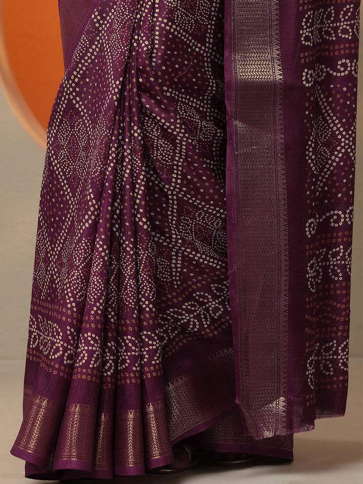 Maroon Bandhani Printed Silk Blend Saree With Unstitched Blouse Piece