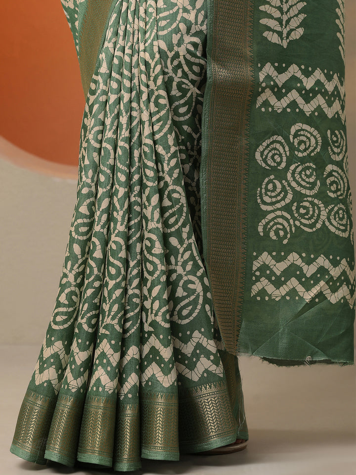Green Batik Printed Silk Blend Saree With Unstitched Blouse Piece