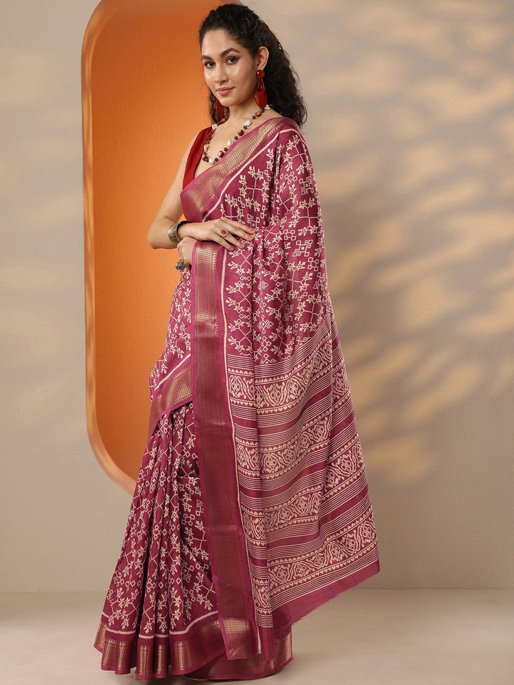 Pink Printed Silk Blend Saree With Unstitched Blouse Piece