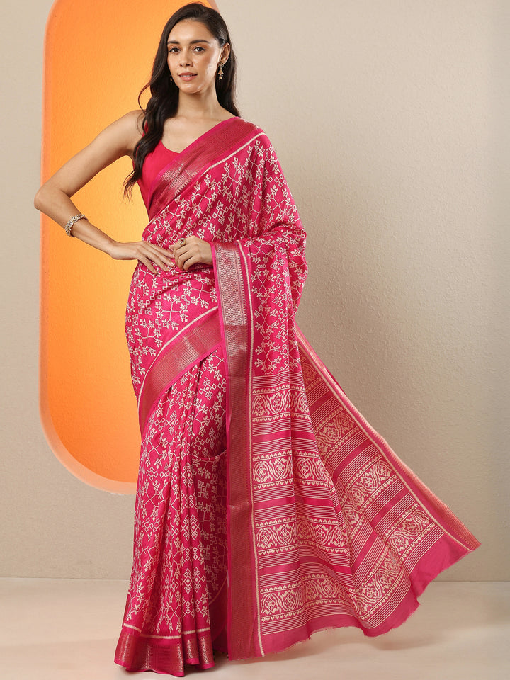Pink Printed Silk Blend Saree With Unstitched Blouse Picece