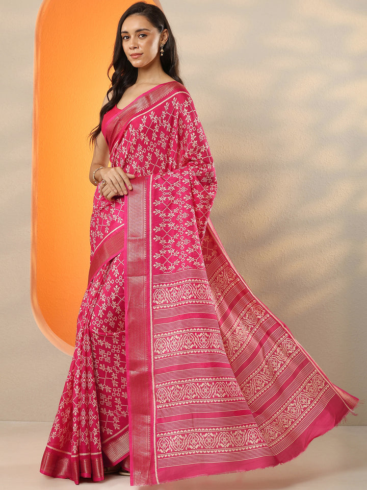 Pink Printed Silk Blend Saree With Unstitched Blouse Picece