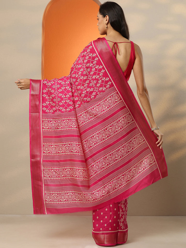 Pink Printed Silk Blend Saree With Unstitched Blouse Picece