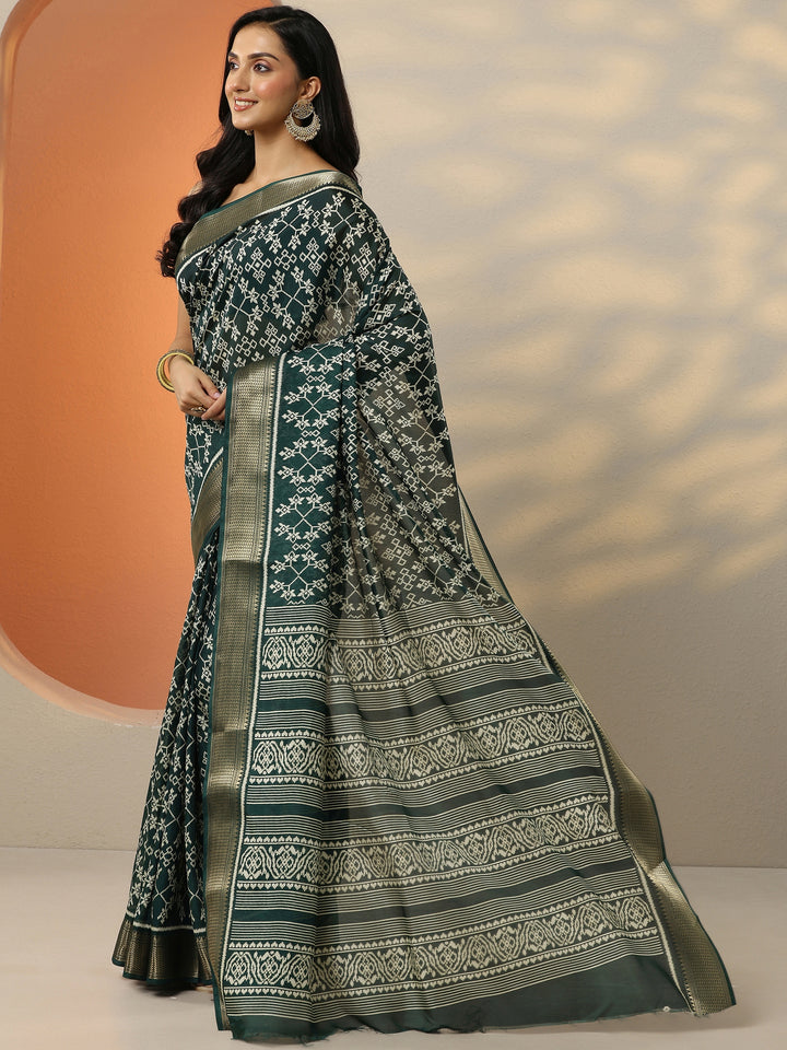 Green Printed Silk Blend Saree With Unstitched Blouse Piece