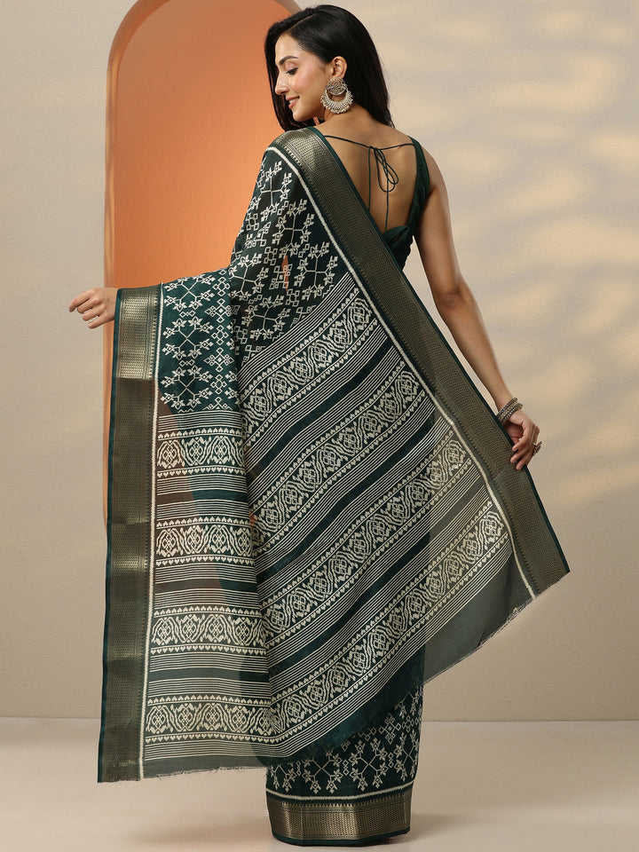 Green Printed Silk Blend Saree With Unstitched Blouse Piece