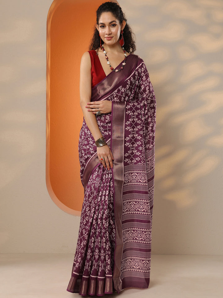 Burgundy Printed Silk Blend Saree With Unstitched Blouse Picece
