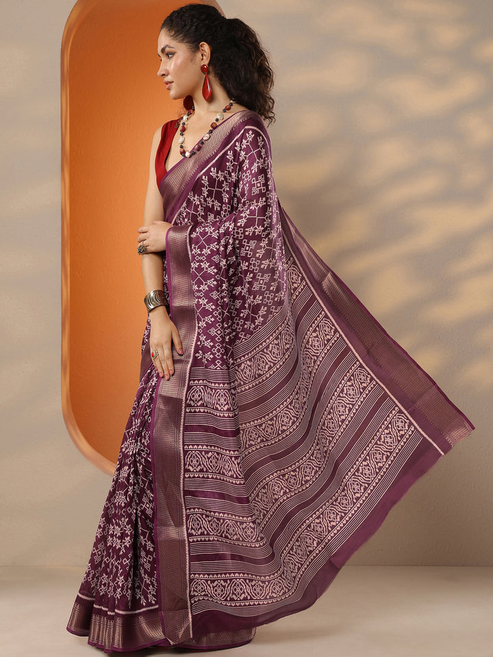 Burgundy Printed Silk Blend Saree With Unstitched Blouse Picece