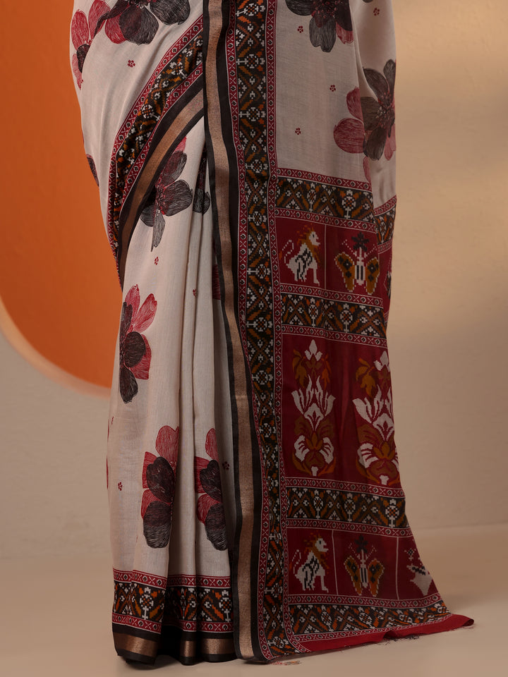 Grey Printed Silk Blend Saree With Unstitched Blouse Piece