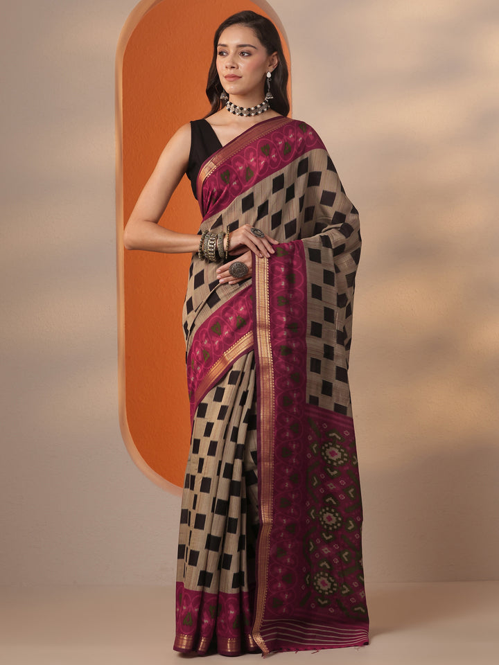 Brown Printed Silk Blend Saree With Unstitched Blouse Piece