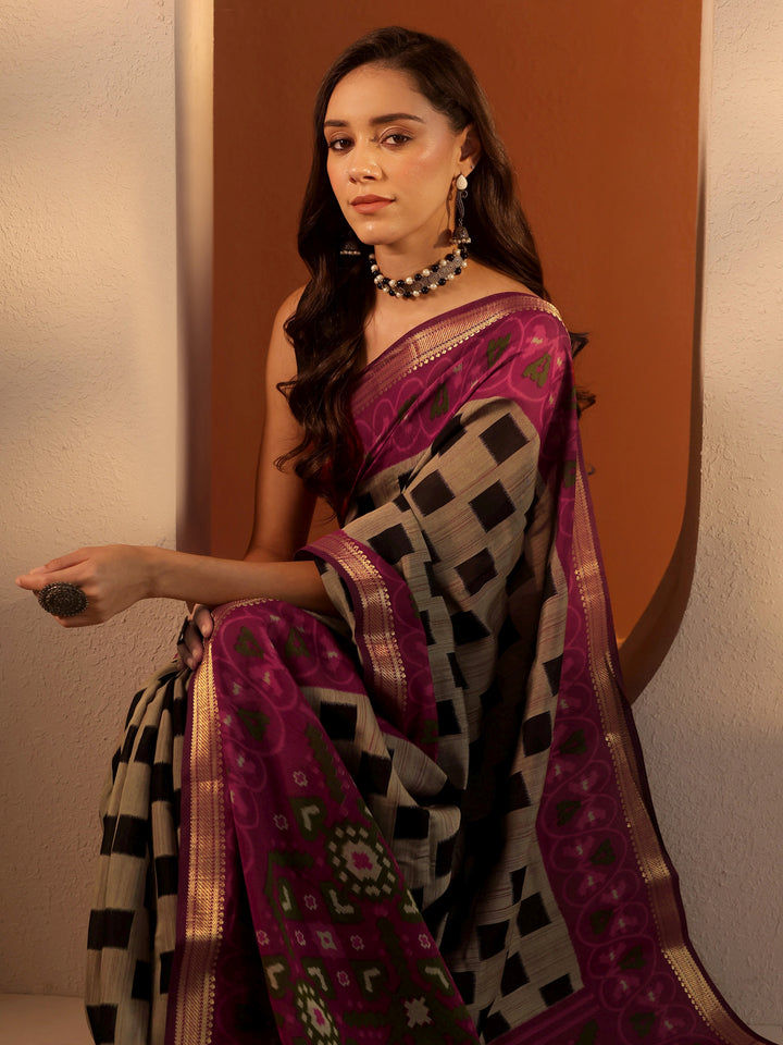 Brown Printed Silk Blend Saree With Unstitched Blouse Piece