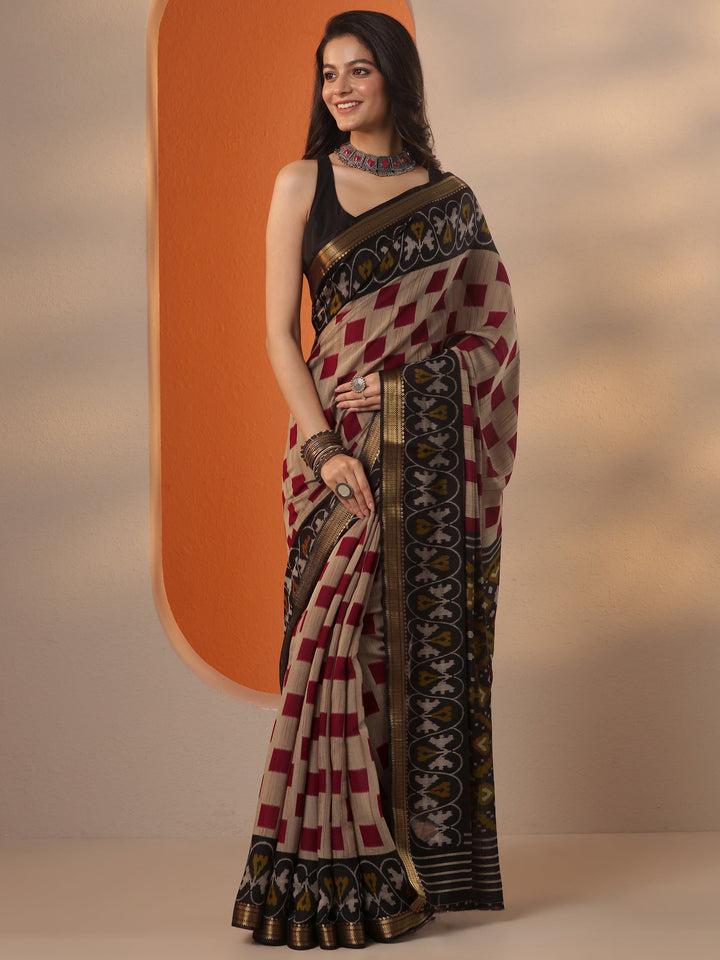 Beige Printed Silk Blend Saree With Unstitched Blouse Piece