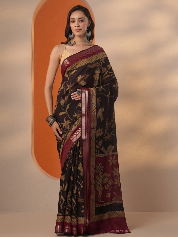 Brown Printed Silk Blend Saree With Unstitched Blouse Piece
