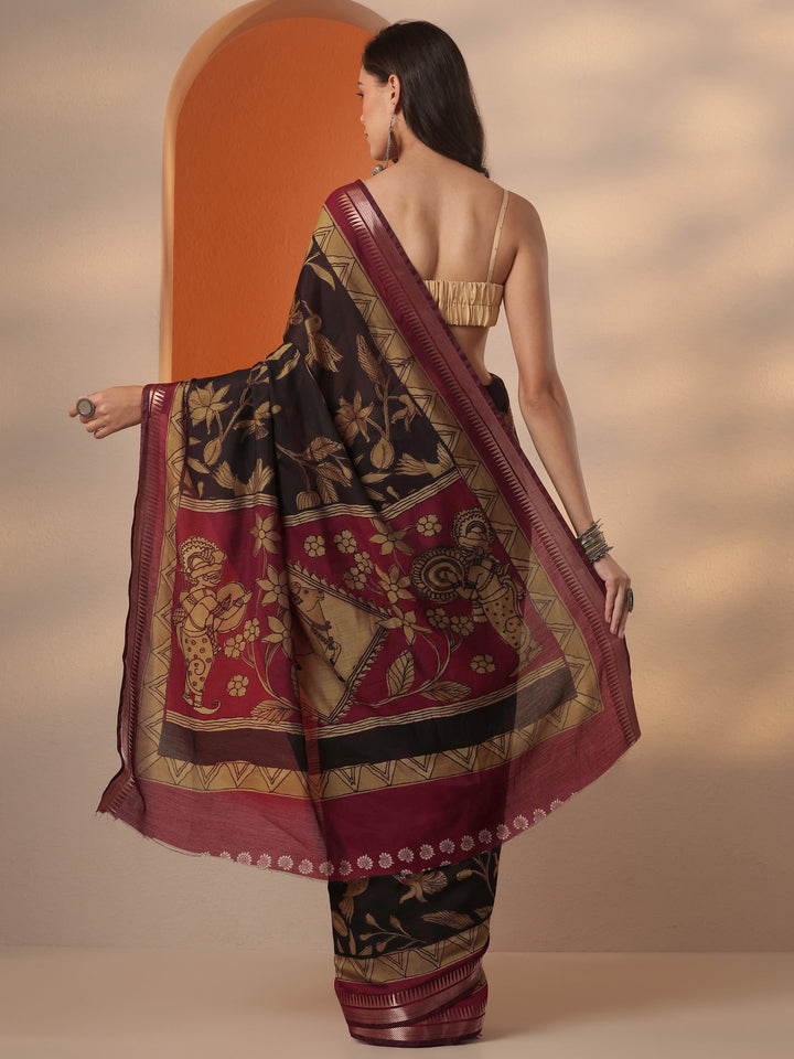 Brown Printed Silk Blend Saree With Unstitched Blouse Piece