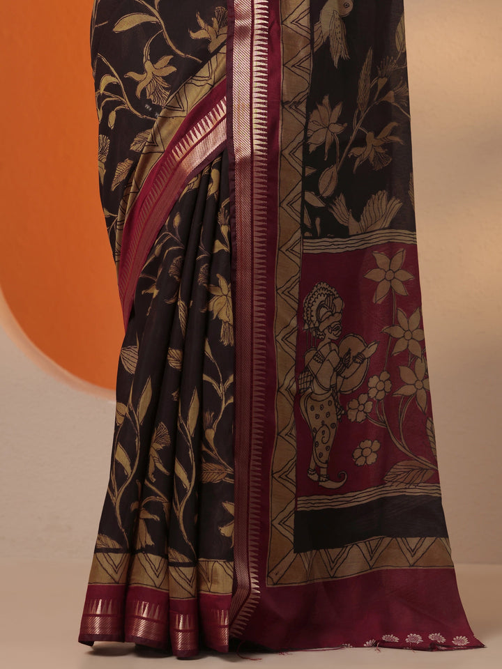 Brown Printed Silk Blend Saree With Unstitched Blouse Piece