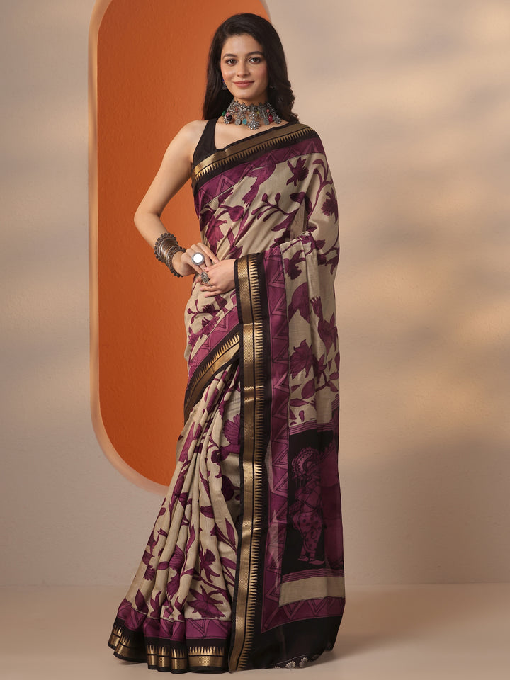 Beige Printed Silk Blend Saree With Unstitched Blouse Piece