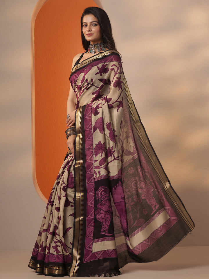 Beige Printed Silk Blend Saree With Unstitched Blouse Piece