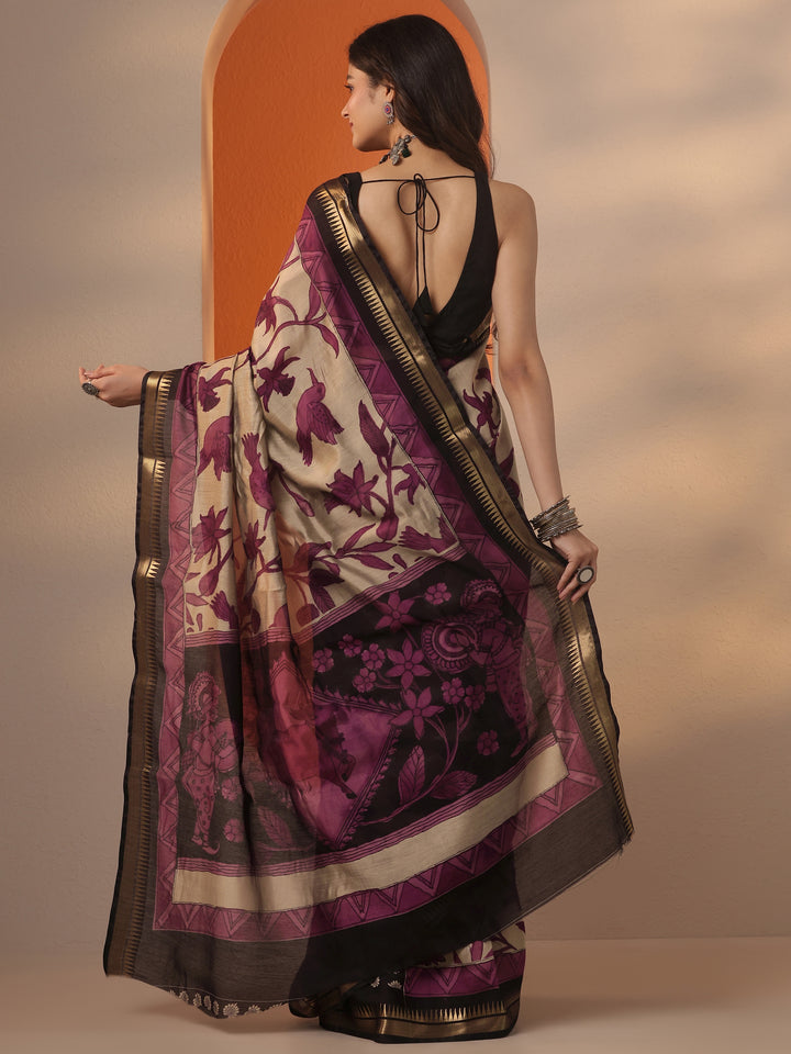 Beige Printed Silk Blend Saree With Unstitched Blouse Piece