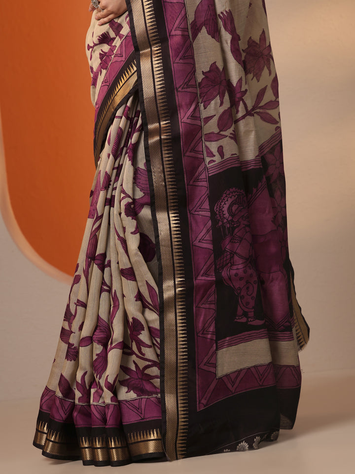 Beige Printed Silk Blend Saree With Unstitched Blouse Piece