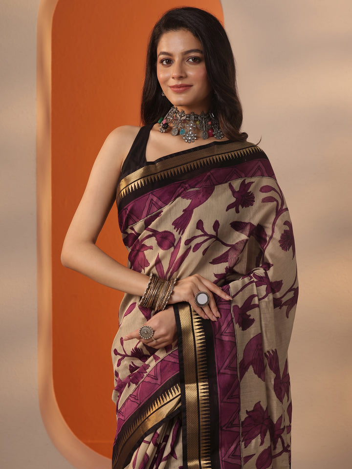 Beige Printed Silk Blend Saree With Unstitched Blouse Piece