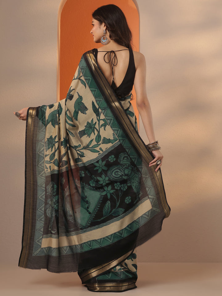 Beige Printed Silk Blend Saree With Unstitched Blouse Piece