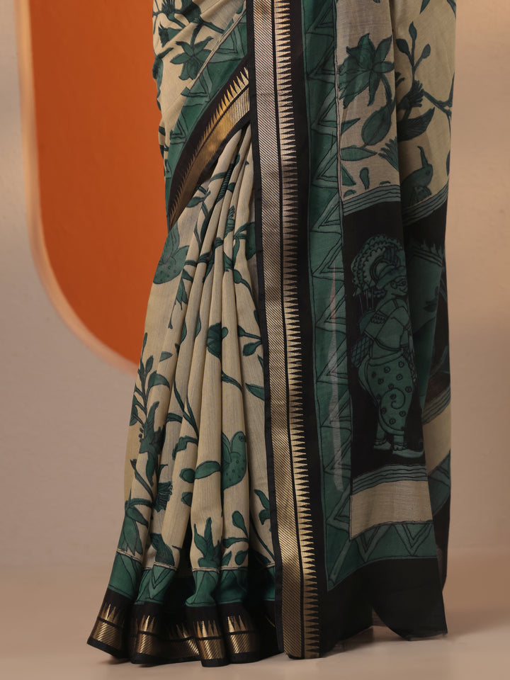 Beige Printed Silk Blend Saree With Unstitched Blouse Piece