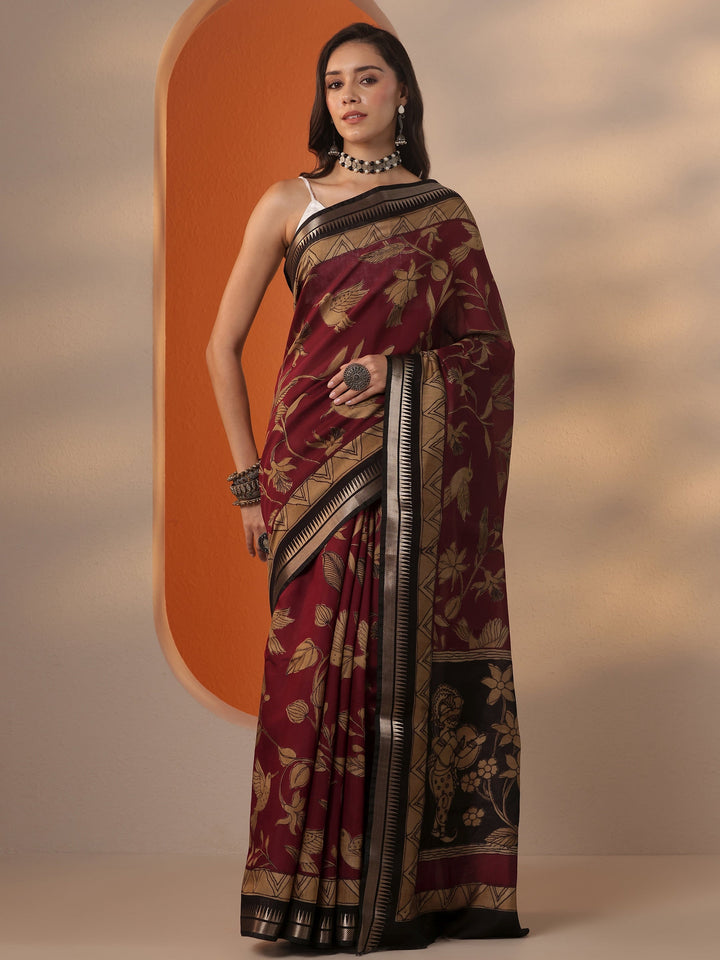 Red Printed Silk Blend Saree With Unstitched Blouse Piece
